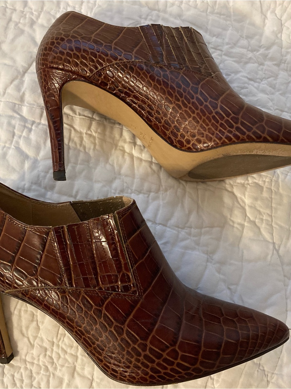 Croc-Effect Brown Stiletto Booties